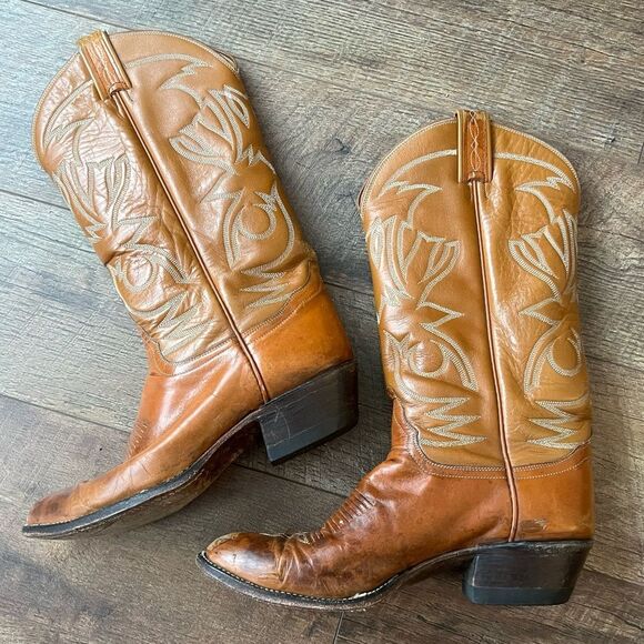 Tony Lama Vintage 70s western cowboy tony lama brown stitched cowboy boots - Picture 1 of 13